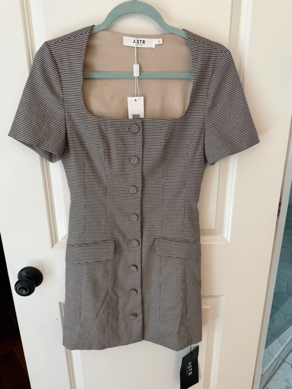 ASTR Black/Brown Houndstooth Square-Neck Blazer Mini Dress